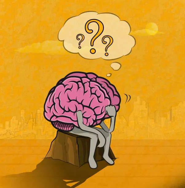 The confused brain character is thinking deeply. (Used clipping mask)